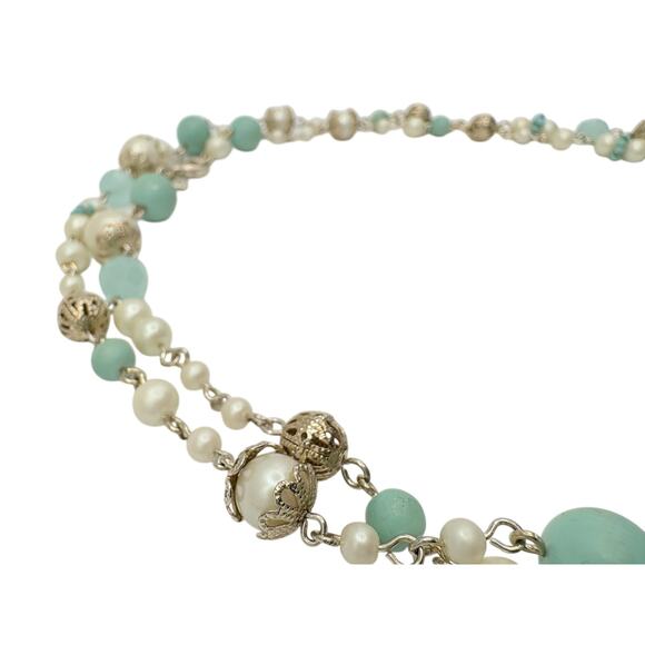 Vintage Carolee Aqua & Pearl Beaded Necklace | Ocean Hues with Silver Tone - Picture 4 of 4
